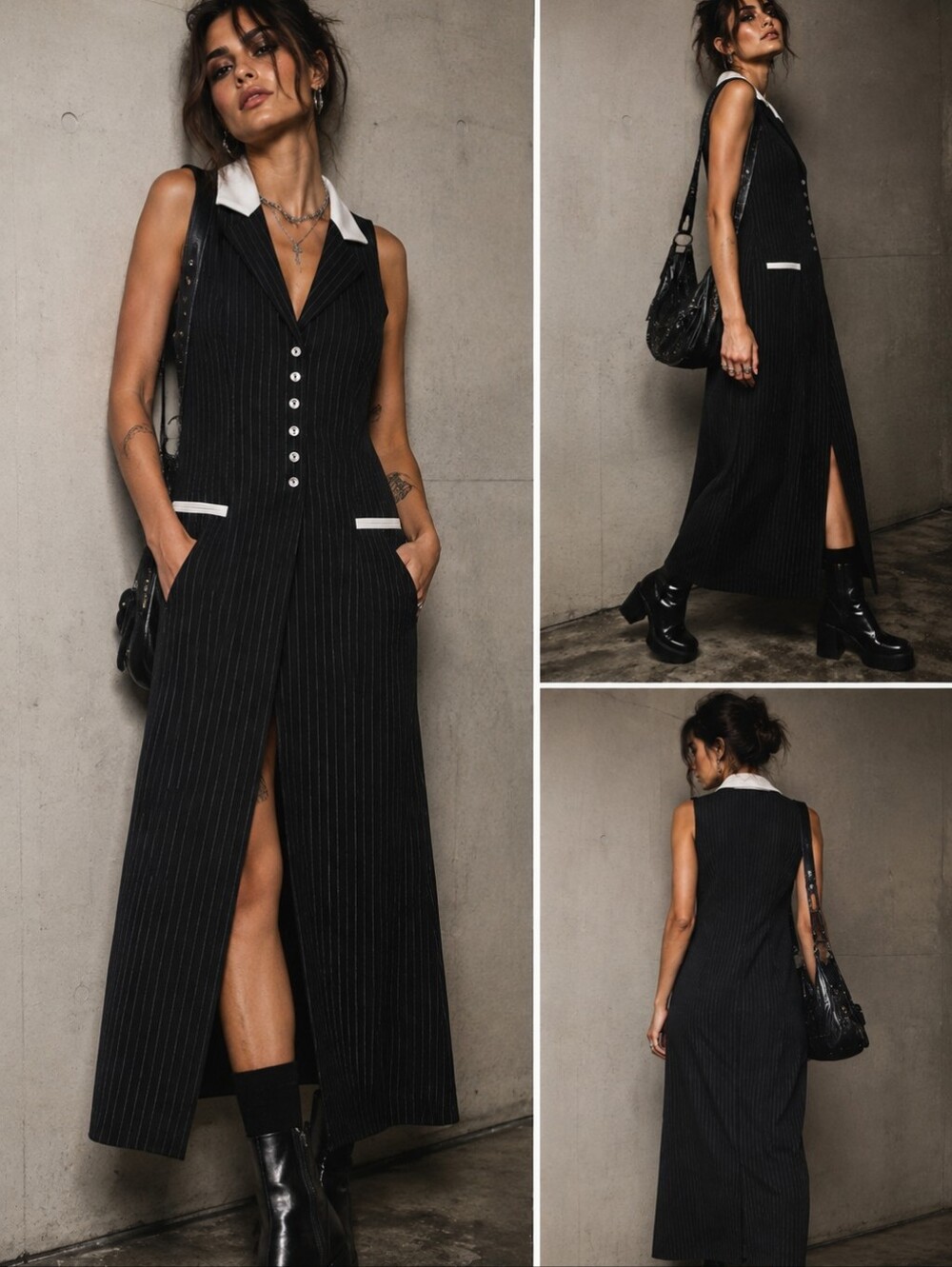 Sleeveless Black Pinstripe Maxi Dress with White Collar